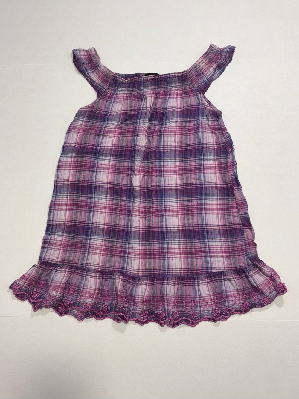 H&M Girls Purple Pink White Plaid Sundress Square Neck Ruffle Size 7-8Y